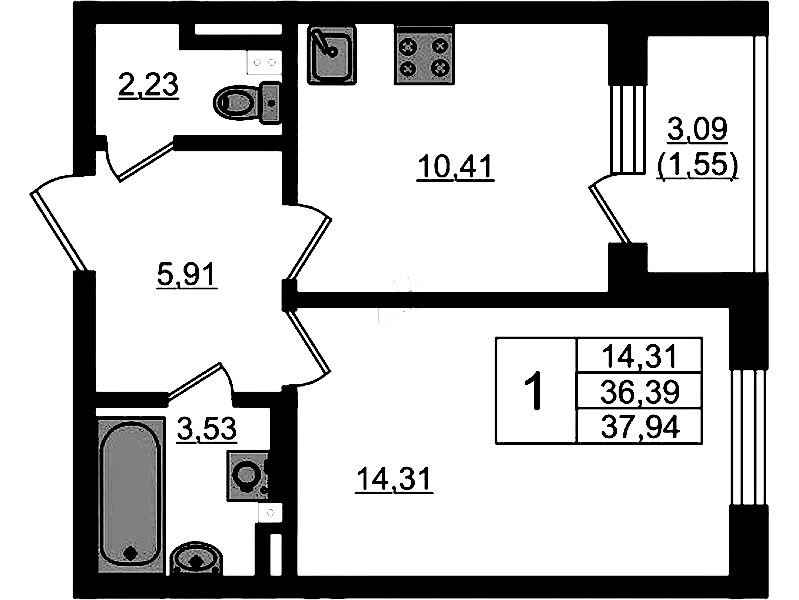 1-комнатная квартира 37.94 м², 2/4 эт., ЖК «Новая история»